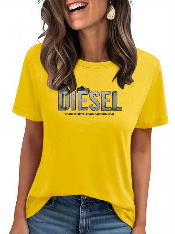 Women'S Elegant Crew Neck Polyester T-Shirt - Bright Yellow with Blue Diesel Graphic, Short Sleeve, Spring/Summer Casual Top for Diesel Enthusiasts, Casual Summer Top | Slogan Graphic Tee | Glossy Textur