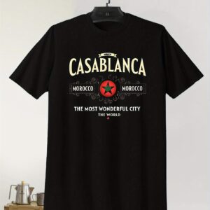 Men'S Casual Crew Neck T-Shirt with Moroccan Flag & "CASABLANCA" Print, Lightweight Polyester Summer Top, Regular Fit