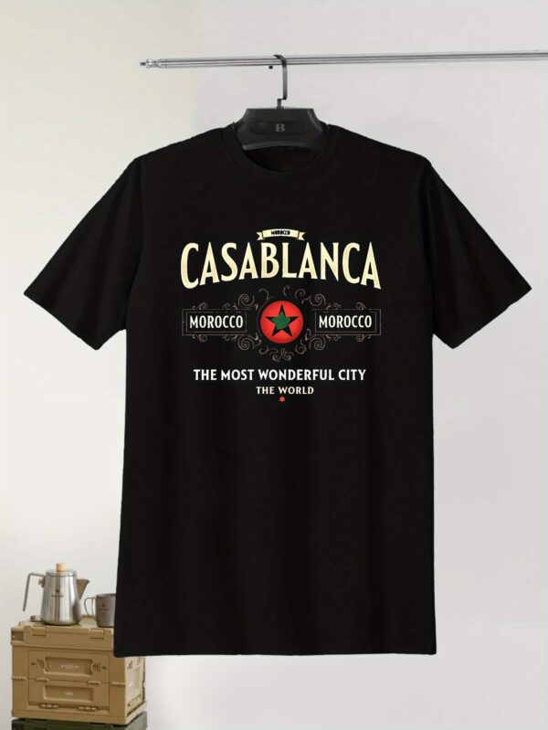 Men'S Casual Crew Neck T-Shirt with Moroccan Flag & "CASABLANCA" Print, Lightweight Polyester Summer Top, Regular Fit