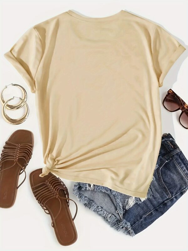 1pc MaxMara Printed Women'S Casual V-Neck T-Shirt - Soft Beige, Short Sleeve, Polyester Blend, Comfort Fit, Allseason Top, Casual Wear | Minimalist Style | Comfortable Fit Top - Image 7