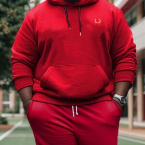 Plus Size Casual Hoodie with Geometric Wheat Ear Print, Polyester 100%, Hooded with Slight Stretch, Regular Fit Knit Fabric, 220gsm - Fake Pocket & Drawstring Detail