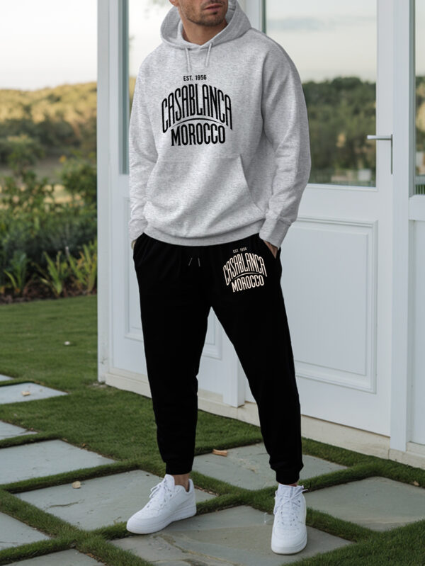 Men'S Casablanca Morocco Hooded Sweatshirt Suit - Trendy Autumn & Winter Printed Casual Sports Top with Drawstring Pants, White & Black Design, Polyester Blend, Perfect for Casual Attire, Casual Sports Attire|Casual Hooded Top|Comfortable Fit, Sweatshir - Image 6