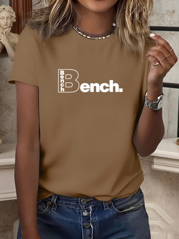Y2K Women'S Elegant Casual Short Sleeve T-Shirt with Bench Print, Polyester Spandex, Retro Stretchy Fabric, Perfect for Summer Outfits, Daily Wear, and Outdoor