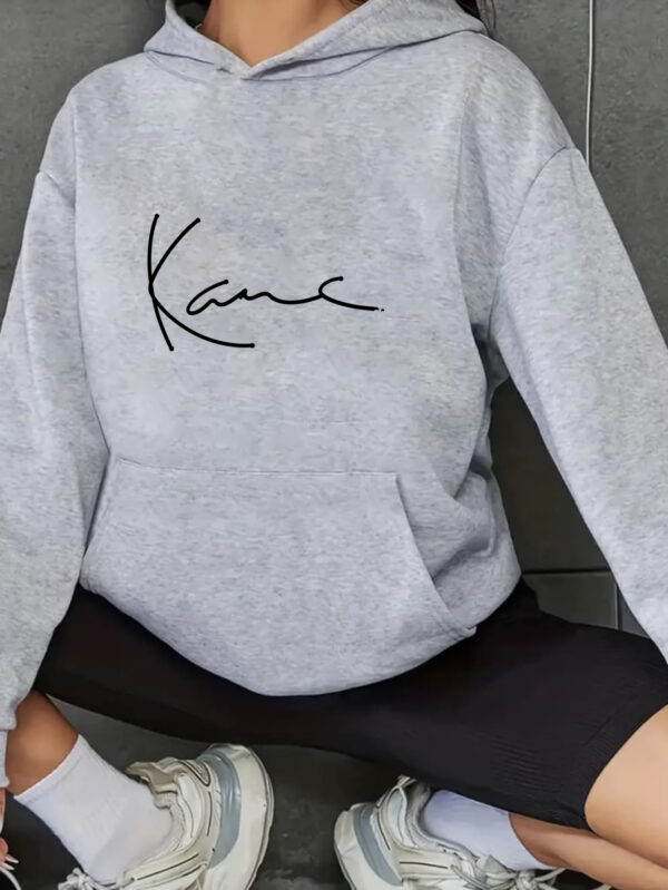 Women's Light Gray Hooded Sweatshirt with "KANE" Letter Print - Casual Long Sleeve Pullover, All-Season Comfort, Front Pocket, Machine Washable, Comfortable Pullover | Durable Fabric - Image 3