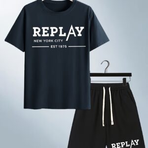 Men'S Casual "REPLAY" Graphic T-Shirt & Shorts Set - Navy Blue Tee with "REPLAY NEW YORK CITY EST 50.16meter Print, Black Drawstring Shorts, Perfect for Summer, Casual Attire|Graphic Print Tee|Lightweight Fabric