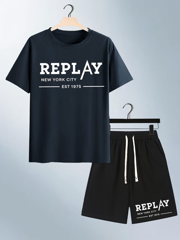 Men'S Casual "REPLAY" Graphic T-Shirt & Shorts Set - Navy Blue Tee with "REPLAY NEW YORK CITY EST 50.16meter Print, Black Drawstring Shorts, Perfect for Summer, Casual Attire|Graphic Print Tee|Lightweight Fabric