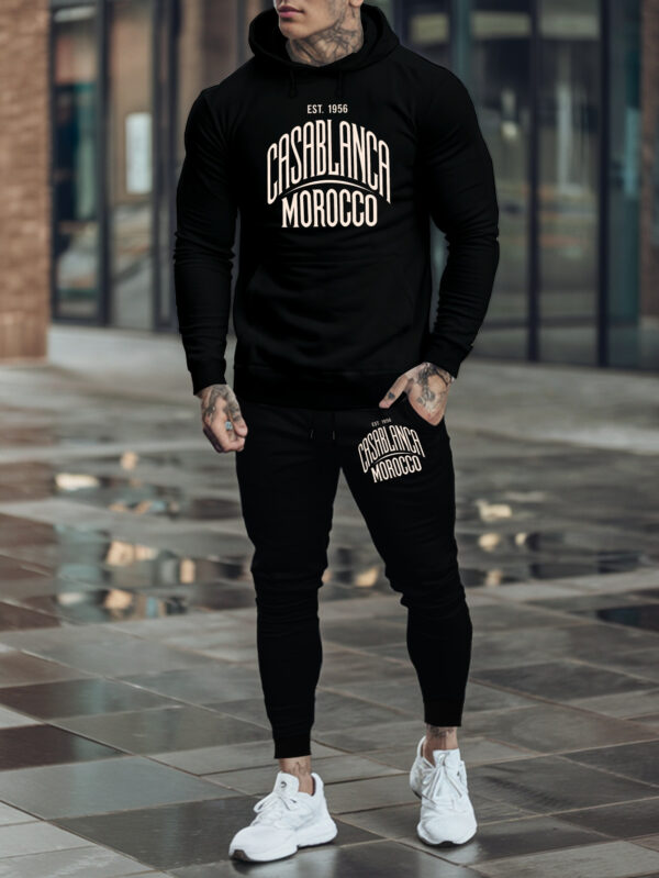 Men'S Casablanca Morocco Hooded Sweatshirt Suit - Trendy Autumn & Winter Printed Casual Sports Top with Drawstring Pants, White & Black Design, Polyester Blend, Perfect for Casual Attire, Casual Sports Attire|Casual Hooded Top|Comfortable Fit, Sweatshir - Image 5