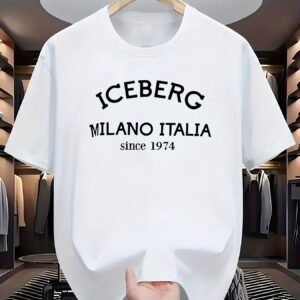 Men'S Casual Crew Neck T-Shirt - Iceberg Milano Italia Graphic, White, Slight Stretch Fabric, Summer Style, Adult Sizes