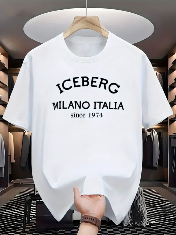 Men'S Casual Crew Neck T-Shirt - Iceberg Milano Italia Graphic, White, Slight Stretch Fabric, Summer Style, Adult Sizes