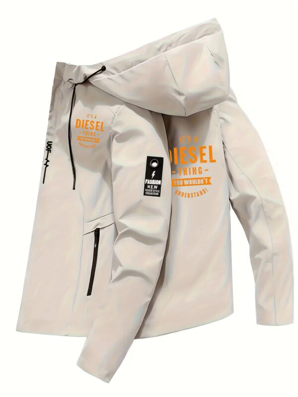 Men'S Casual Bomber Jacket with "DIESEL" Print - Lightweight Polyester, Zip-Up Hooded Streetwear Coat, Regular Fit, Non-Stretch Fabric, Zippered Pockets, Urban Fashion Outerwear