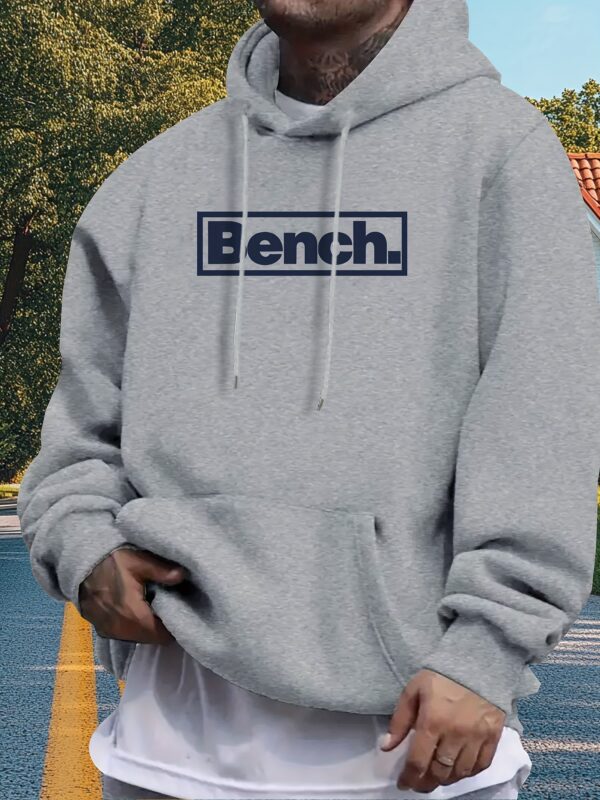 Men'S Casual Fleece-Lined Hoodie with "BENCH" Print - Black, All-Season Comfort, Regular Fit, Ideal for Outdoor Activities, Outdoor Casual Wear|Hooded Sweatshirt|Fleece Lined Hoodie - Image 3