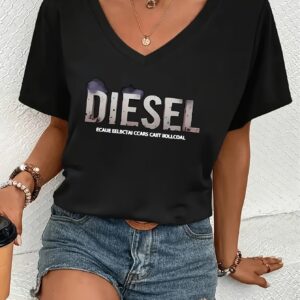 1pc Women's V-Neck Short Sleeve T-Shirt - Casual Polyester Top with DIESEL Letter Print, Black & White Graphic, Machine Washable, All-Season Versatile Wear, Relaxed Fit Tee, Vneck Style, Fabric, Everyday Tee, Graphic Print, Soft Texture, Printed Tee, Laidback Look