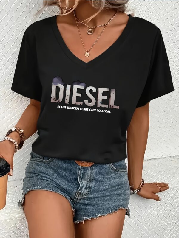1pc Women's V-Neck Short Sleeve T-Shirt - Casual Polyester Top with DIESEL Letter Print, Black & White Graphic, Machine Washable, All-Season Versatile Wear, Relaxed Fit Tee, Vneck Style, Fabric, Everyday Tee, Graphic Print, Soft Texture, Printed Tee, Laidback Look
