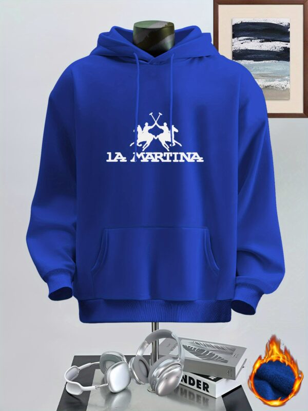 Men's Casual Streetwear Hoodie with LA MARRINA Graphic Print, Kangaroo Pocket & 100% Polyester - Beige Autumn/Winter Pullover, Machine Washable Regular Fit - Image 4