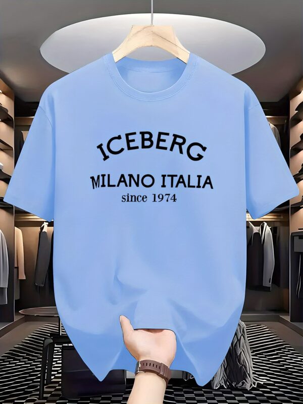 Men'S Casual Crew Neck T-Shirt - Iceberg Milano Italia Graphic, White, Slight Stretch Fabric, Summer Style, Adult Sizes - Image 3