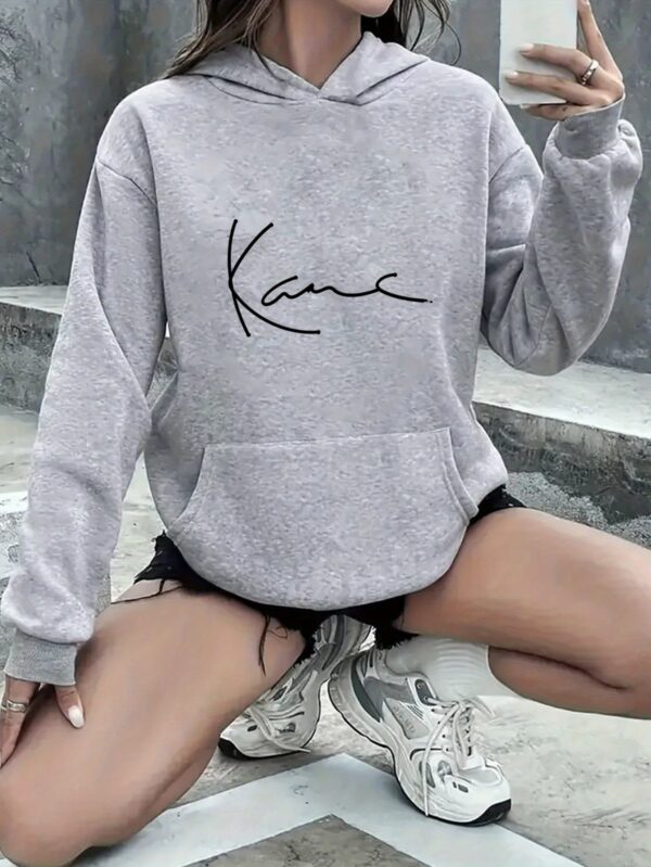 Women's Light Gray Hooded Sweatshirt with "KANE" Letter Print - Casual Long Sleeve Pullover, All-Season Comfort, Front Pocket, Machine Washable, Comfortable Pullover | Durable Fabric - Image 5