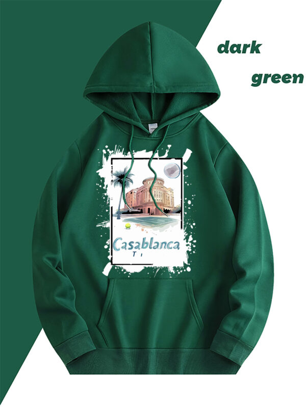 Casablanca Graphic Print Fleece-Lined Hooded Sweatshirt - Light Blue with Front Pocket & Adjustable Drawstring, Cozy Casual Pullover for Casual Attire, Machine Washable, Mother’s Day Gift, Cute Sweatshirts, Aerodynamic Clothing - Image 2