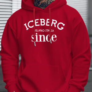 Men's Heavyweight 300gsm Winter Hooded Sweatshirt - Vibrant Red Casual Pullover with Iceberg Graphic Print, 100% Polyester, Machine Washable