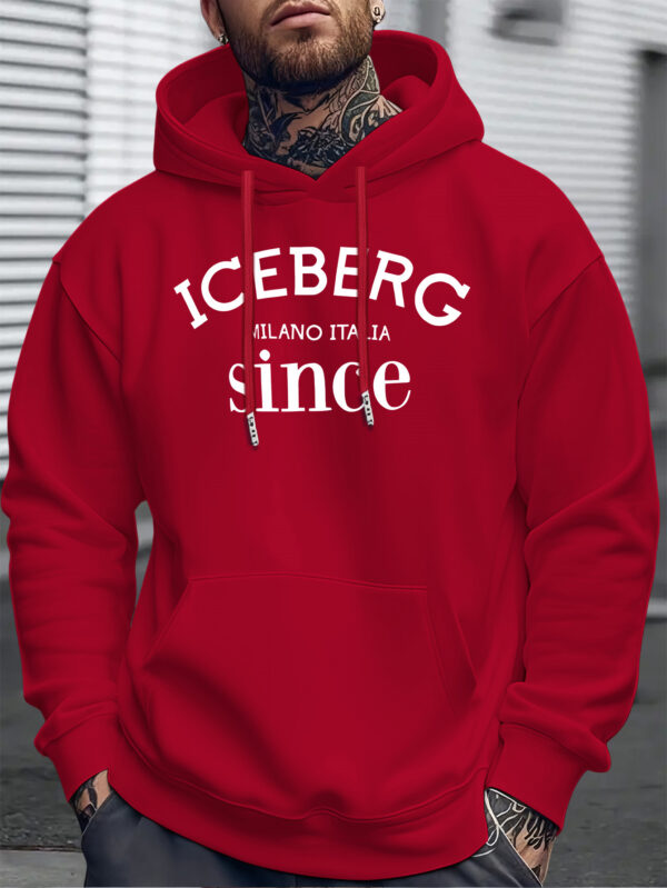 Men's Heavyweight 300gsm Winter Hooded Sweatshirt - Vibrant Red Casual Pullover with Iceberg Graphic Print, 100% Polyester, Machine Washable