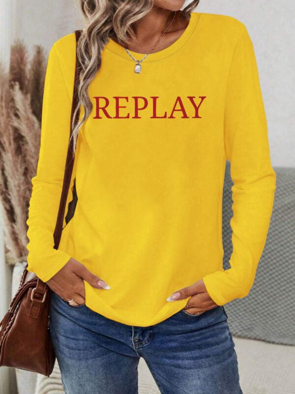 Women's Vibrant Red REPLAY Graphic Long Sleeve T-Shirt - Casual Round Neck Geometric Print Top, Machine Washable Spring/Summer Vacation Wear - Image 4