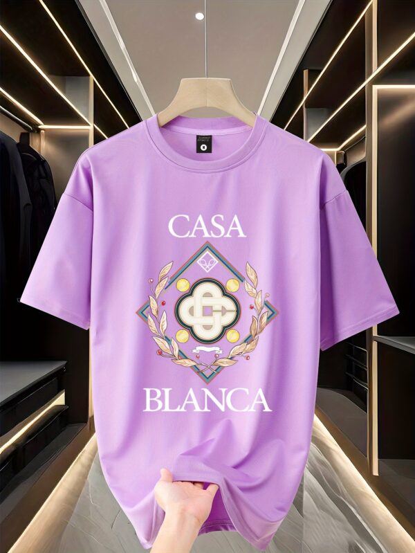 Men'S Trendy "Casa Blanca" Graphic T-Shirt - 100% Polyester Knit, Casual Crew Neck, Loose Fit, Summer Tee with Embossed Logo and Laurel Wreath Design, Casual Attire | Logo Print Tee | Polyester Fabri - Image 3