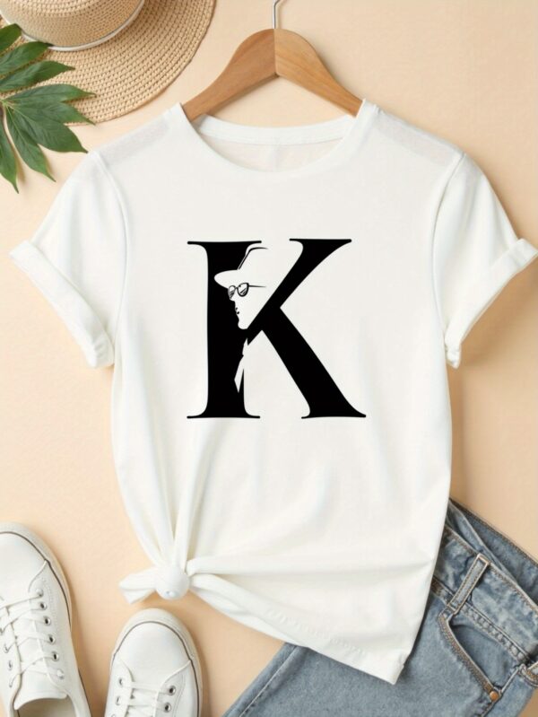 Women's Casual Short Sleeve T-Shirt with Bold Letter K Graphic Print - Soft Breathable Polyester Blend, Quick-Dry, Machine Washable, White with Black Design for Outdoor & Casual Attire, Casual Summer Wear | Casual Style | Nontransparent Textile, Ladies T Shirts - Image 4