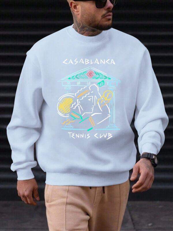 Men's Casual Round Neck Sweatshirt - Vibrant Red with Artistic Tennis & Music Graphic Print, Soft Machine-Washable Fabric, Regular Fit for Casual Attire, Streetwear Fashion, Statement Apparel, Durable Clothing, Unisex Apparel, Fashion Enthusiasts, Urban Style, Trendy Apparel, Highquality Clothing, Stylish Top, Young Adults - Image 2