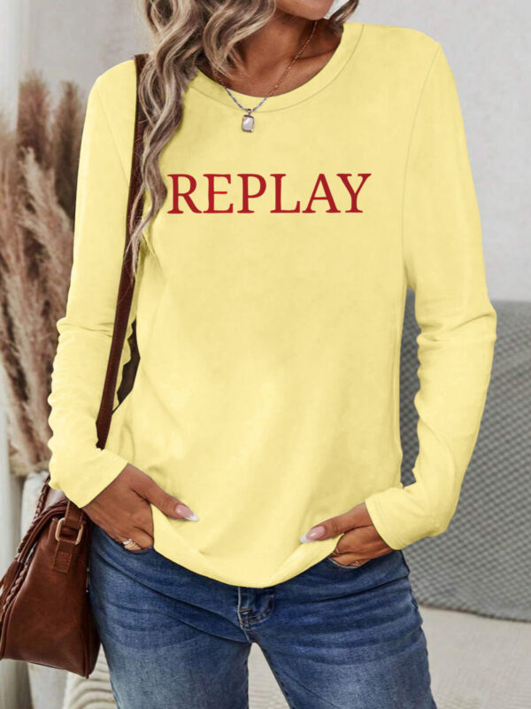 Women's Vibrant Red REPLAY Graphic Long Sleeve T-Shirt - Casual Round Neck Geometric Print Top, Machine Washable Spring/Summer Vacation Wear - Image 3