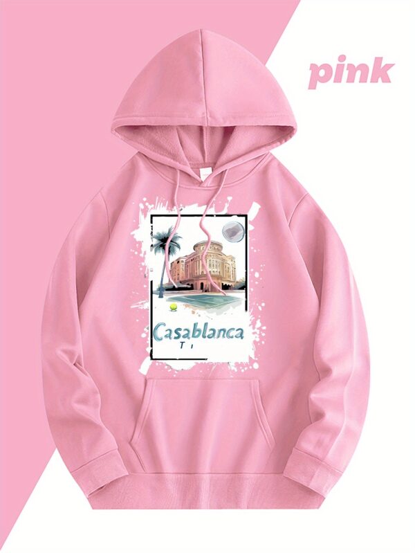 Casablanca Graphic Print Fleece-Lined Hooded Sweatshirt - Light Blue with Front Pocket & Adjustable Drawstring, Cozy Casual Pullover for Casual Attire, Machine Washable, Mother’s Day Gift, Cute Sweatshirts, Aerodynamic Clothing - Image 7