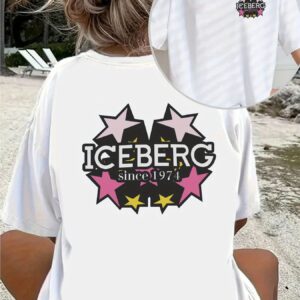 ICEBERG Since 1974 Graphic Tee - Women's Casual Short Sleeve Crewneck T-Shirt, Comfort Fit, White with Pink & Black Star Design, Machine Washable, Spring/Summer/Fall Essential