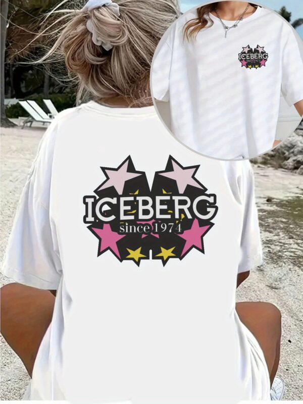 ICEBERG Since 1974 Graphic Tee - Women's Casual Short Sleeve Crewneck T-Shirt, Comfort Fit, White with Pink & Black Star Design, Machine Washable, Spring/Summer/Fall Essential