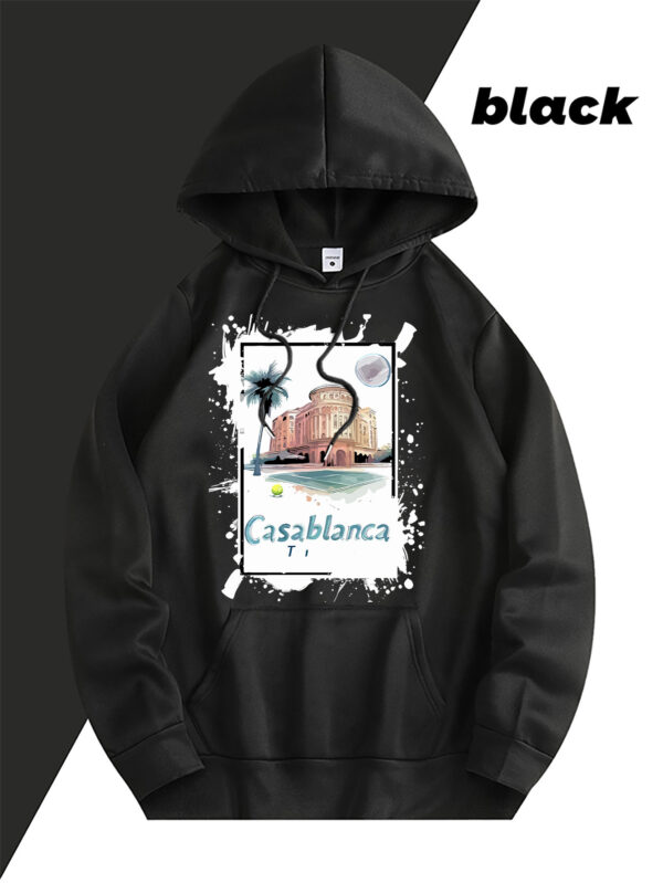 Casablanca Graphic Print Fleece-Lined Hooded Sweatshirt - Light Blue with Front Pocket & Adjustable Drawstring, Cozy Casual Pullover for Casual Attire, Machine Washable, Mother’s Day Gift, Cute Sweatshirts, Aerodynamic Clothing - Image 9