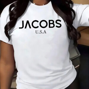 Jacob's Women's Casual Short Sleeve T-Shirt - Bold JACOBS U.S.A. Letter Print, Breathable Round Neck Tee, Machine Washable, All-Season Comfort for Casual Attire, Summer Fashion, Relaxed Fit Tee, Soft Fabric Shirt