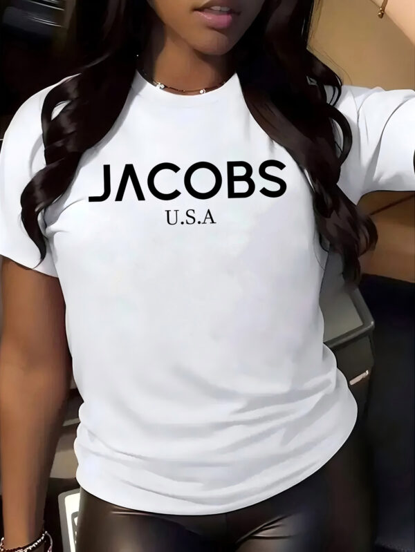 Jacob's Women's Casual Short Sleeve T-Shirt - Bold JACOBS U.S.A. Letter Print, Breathable Round Neck Tee, Machine Washable, All-Season Comfort for Casual Attire, Summer Fashion, Relaxed Fit Tee, Soft Fabric Shirt