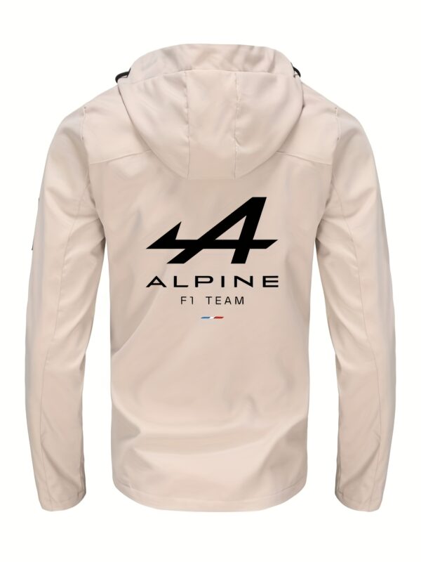 Men's Lightweight Polyester Hooded Jacket for Spring & Autumn, Casual Outdoor Sports Motorcycle Jacket with Zippered Pockets, Adjustable Drawstring Hood, and Stylish Lettering Design, Spring Autumn Gear | Zippered Jacket | Sleek Surface Finish - Image 4