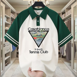 Casablanca Men's Summer Shirt - Lightweight 190gsm Polyester, School-Style Raglan Sleeves & Short Sleeves, Bold Letter Print, Regular Fit, Machine Washable, White with Green & Black Accents