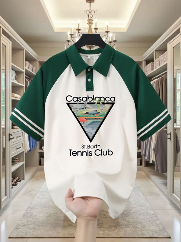 Casablanca Men's Summer Shirt - Lightweight 190gsm Polyester, School-Style Raglan Sleeves & Short Sleeves, Bold Letter Print, Regular Fit, Machine Washable, White with Green & Black Accents