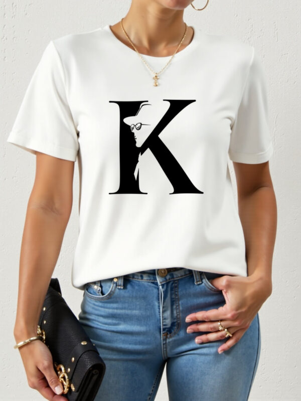 Women's Casual Short Sleeve T-Shirt with Bold Letter K Graphic Print - Soft Breathable Polyester Blend, Quick-Dry, Machine Washable, White with Black Design for Outdoor & Casual Attire, Casual Summer Wear | Casual Style | Nontransparent Textile, Ladies T Shirts - Image 7