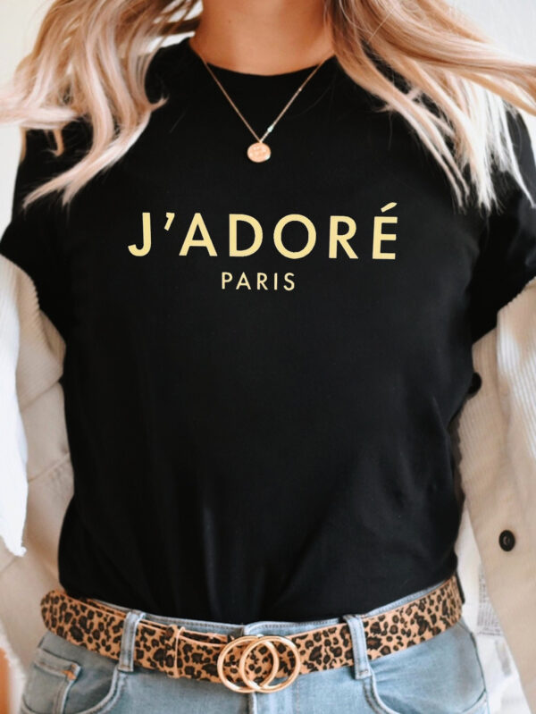 Women'S "J'Adore Paris" Bold Text Print T-Shirt - Short Sleeve Crew Neck Casual Top for Spring & Summer, Black with Golden Lettering, Polyester Blend, Machine Washable, Casual Summer Top | Round Neckline Top | Glossy Texture, Ladies T Shirt - Image 4