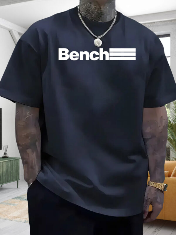 Men'S Casual Summer T-Shirt - "BENCH" Print, Black with White Stripes, Round Neck, Short Sleeve, Lightweight Polyester Blend, Perfect for Outdoor Activities, Outdoor Casual Wear | Round Neck Shirt | Lightweight Fabric - Image 2