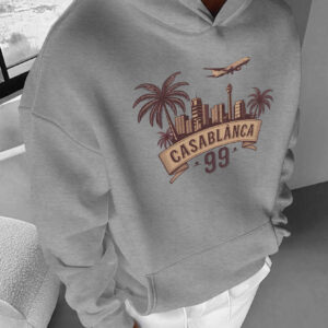 Men'S Casual Polyester Hoodie with Casablanca City Skyline Print, Long Sleeve, Non-Stretch Knit Fabric, Loose Fit with Pocket Detail, Perfect for Weekend Casual Wear in Fall/Winter