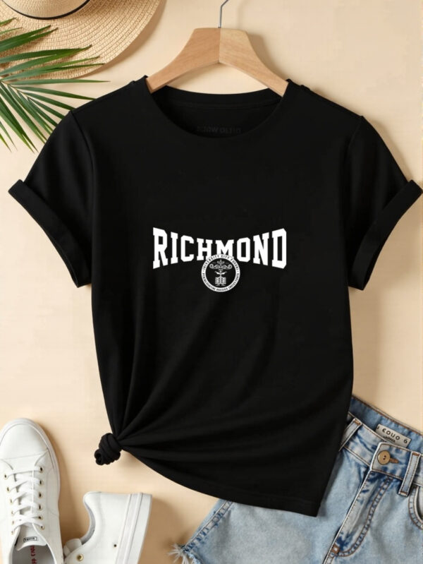 Women's Richmond Graphic Print T-Shirt - Soft Breathable Polyester Blend, Quick-Dry Casual Short Sleeve Tee with Bold Lettering & Circular Emblem Design for Outdoor Activities & Casual Attire, Machine Washable, All-Season Comfort, Nontransparent Material - Image 4