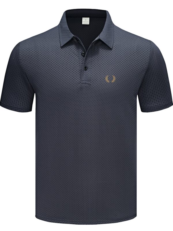 Summer Men'S High-Quality Breathable Quick-Dry Grid Fabric Casual Business Fashion Print Short Sleeve Shirt with Lapel Collar, Button Details, Polyester, Knit Fabric with Slight Stretch, Regular Fit - Work Style