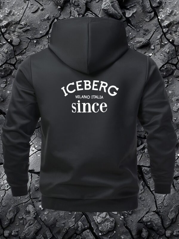 Men's Casual Hooded Jacket with Iceberg Since Graphic Print, Stretch Polyester/Elastane Blend, Zipper Closure, Machine Washable, Black with White Text, Regular Fit & Side Pockets - Image 3