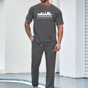 Men'S 2pcs Polyester Casual Set, Crew Neck T-Shirt with Casablanca Print & Elastic Ankle Pants with Drawstring, Deep Pockets, All-Season Knit Fabric, Regular Fit - 190gsm