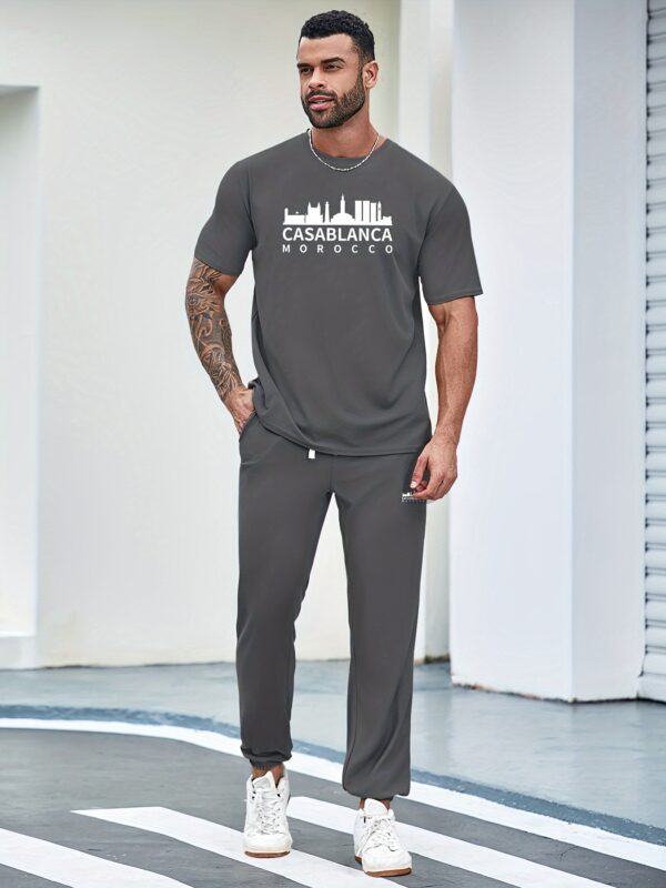Men'S 2pcs Polyester Casual Set, Crew Neck T-Shirt with Casablanca Print & Elastic Ankle Pants with Drawstring, Deep Pockets, All-Season Knit Fabric, Regular Fit - 190gsm