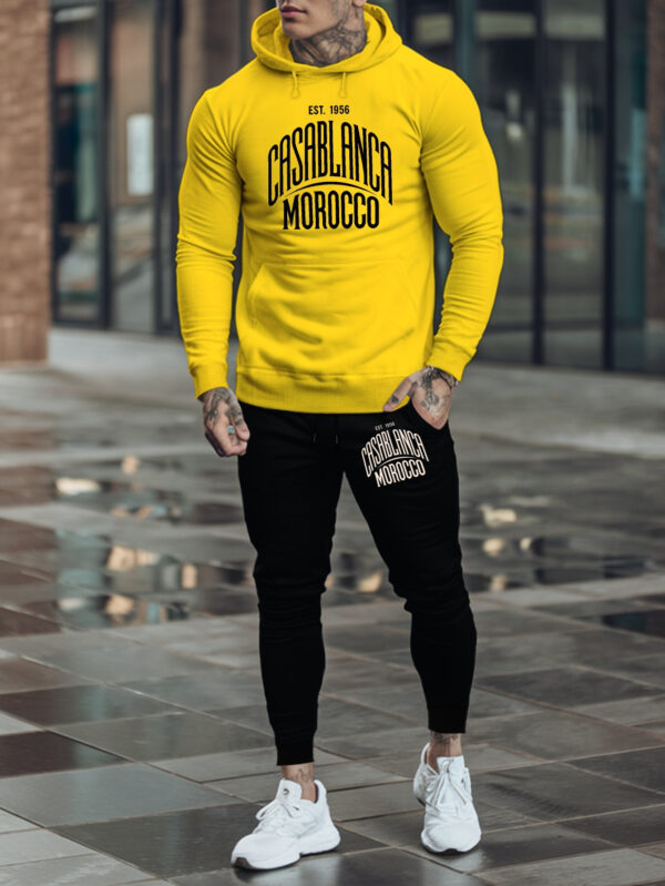Men'S Casablanca Morocco Hooded Sweatshirt Suit - Trendy Autumn & Winter Printed Casual Sports Top with Drawstring Pants, White & Black Design, Polyester Blend, Perfect for Casual Attire, Casual Sports Attire|Casual Hooded Top|Comfortable Fit, Sweatshir - Image 4