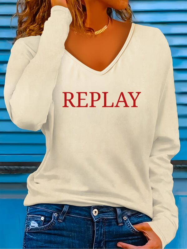 REPLAY Printed Pattern Stylish Casual Versatile V-Neck Long Sleeve T-Shirt for Women, New Slim Fit Top for Spring And Autumn. - Image 3