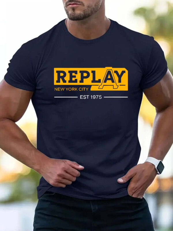 Men'S "REPLAY" Graphic T-Shirt - Casual Summer Short Sleeve, Beige with Bold Orange Lettering & Logo, Lightweight Polyester, Perfect for Outdoor Activities & Sporty Look, Summer Sportswear | Logo Print Tee | Knit Constructio - Image 4
