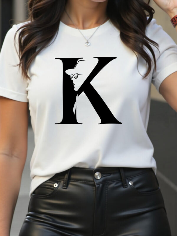 Women's Casual Short Sleeve T-Shirt with Bold Letter K Graphic Print - Soft Breathable Polyester Blend, Quick-Dry, Machine Washable, White with Black Design for Outdoor & Casual Attire, Casual Summer Wear | Casual Style | Nontransparent Textile, Ladies T Shirts